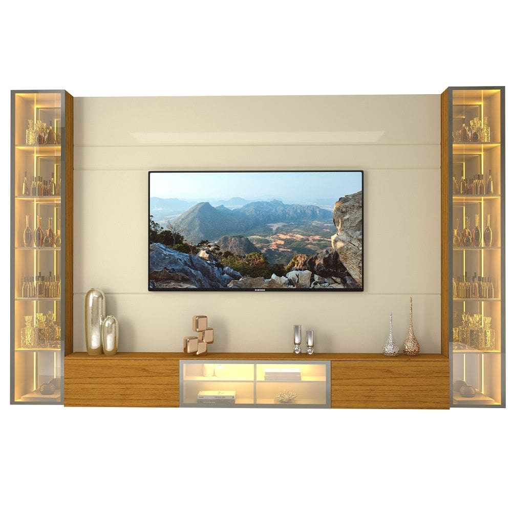 Painel Estante Home Suspenso Gelius Luminare Reflecta com LED 2 torres cristaleiras com espelhos 100% MDF largura de 293 cm OFF White Naturale