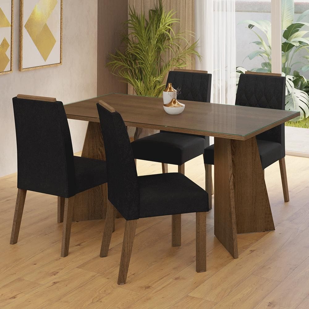 Conjunto Sala de Jantar Mesa Tampo de Vidro 4 Cadeiras Rustic/Oxford Porto Madesa