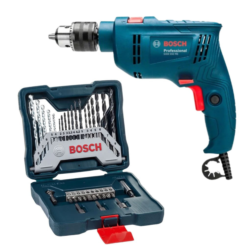 Kit Furadeira de Impacto Bosch GSB 550RE 550W com Jogo de Brocas e Bits X-Line 33 Peças com Maleta