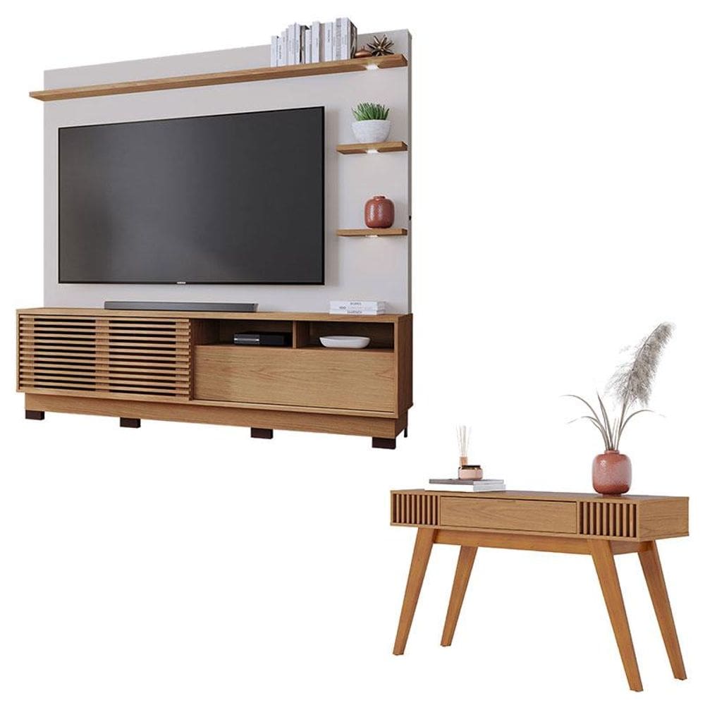 Estante Home Theater Com Pés Campeche Freijó Off White Matte e Aparador Riviera Freijó - Colibri