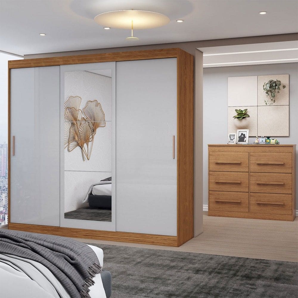 Guarda-Roupa Casal Europa 3 Portas 2 Gavetas e Cômoda 6 Gavetas 100% Mdf com Espelho Cinamomo/Off White - Panorama Móveis