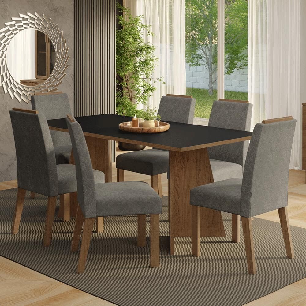 Conjunto Sala de Jantar Tampo de Madeira 6 Cadeiras Rustic/Preto/Silver Minsk Madesa