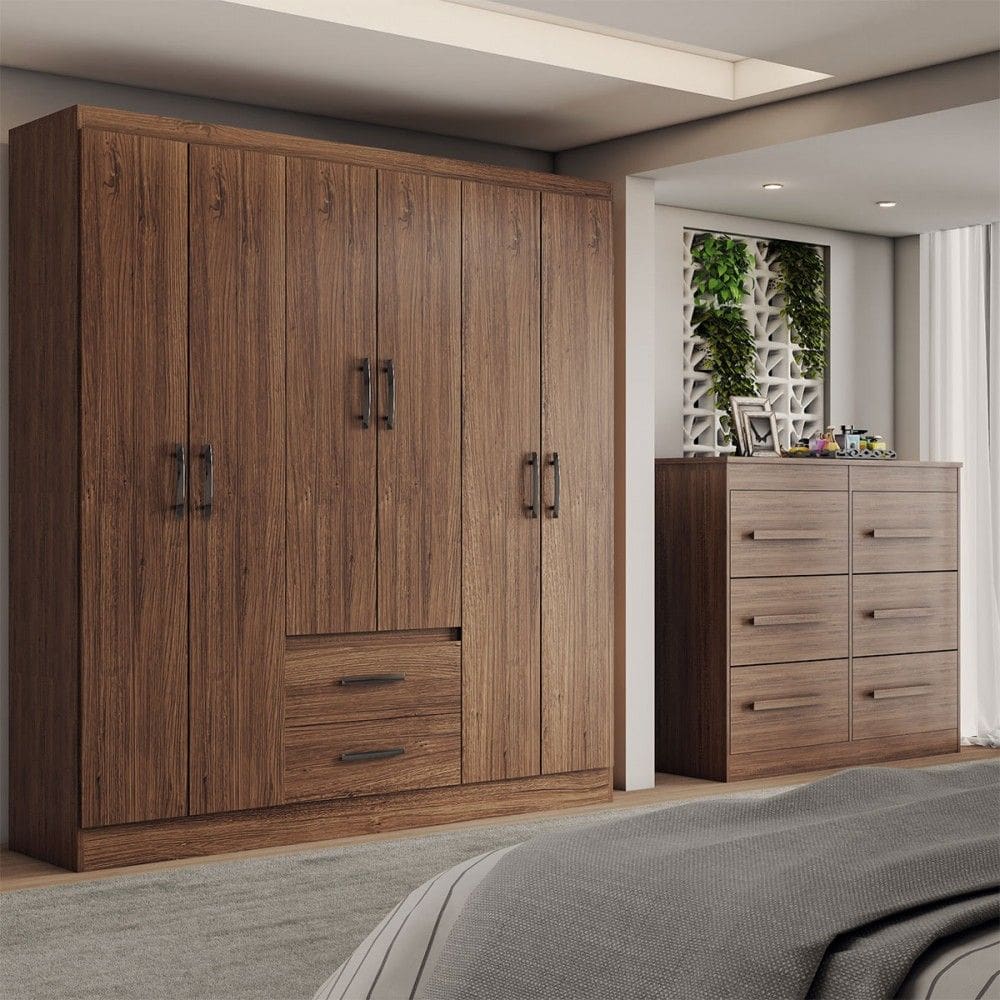 Guarda-Roupa Solteiro Europa 6 Portas 2 Gavetas e Cômoda 6 Gavetas Castanho - Panorama Móveis