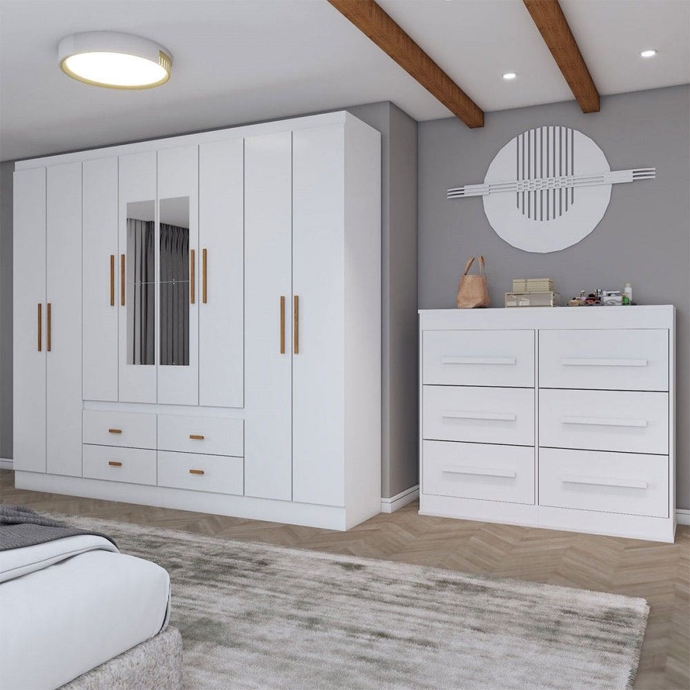 Guarda-Roupa Casal Europa 8 Portas 4 Gavetas e Cômoda 6 Gavetas com Espelho Branco - Panorama Móveis