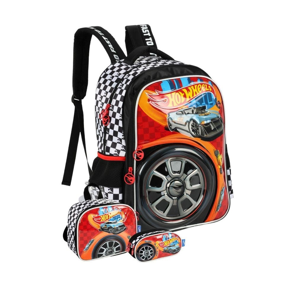 Kit Mochila De Costas+Lancheira+Estojo Hot Wheels - Preto