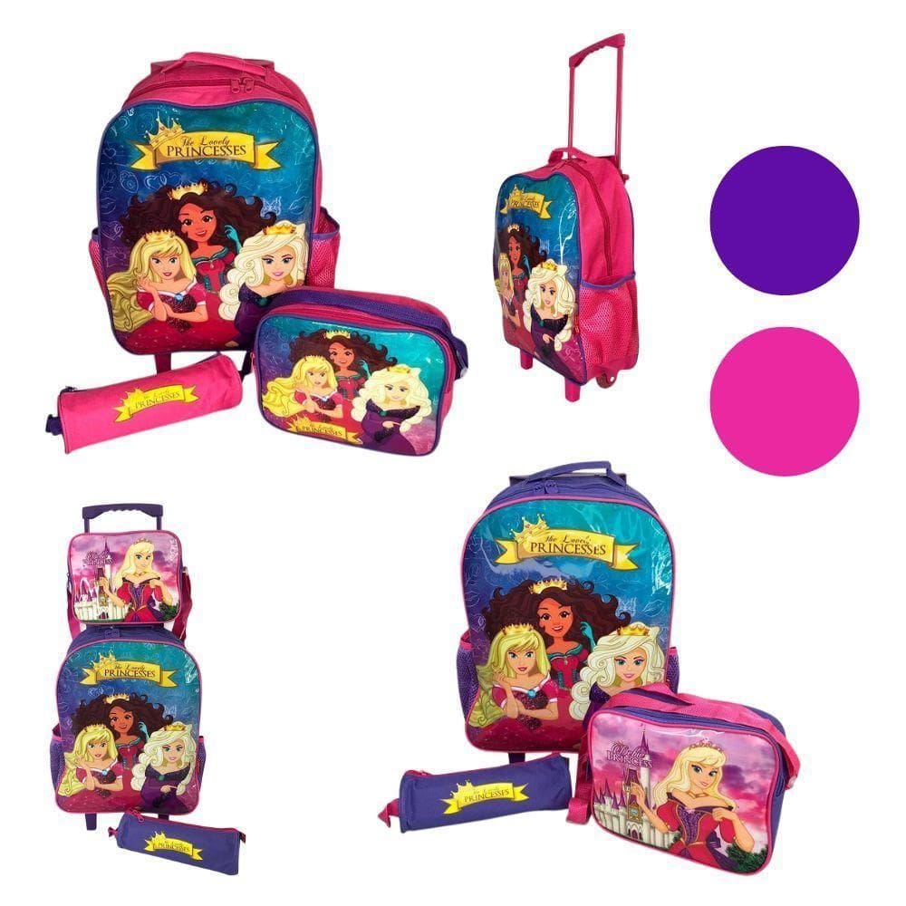 Kit Mochila Escolar Com Rodinha 3 Peças Princesas Rosa/Roxo