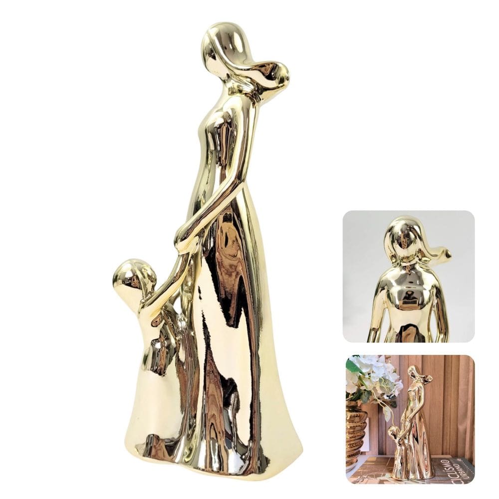 Estátua Mãe Com Bebê Dourada Decorativa 22X9X8Cm Presente