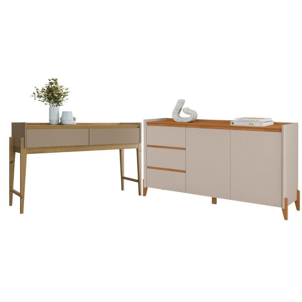 Conjunto Aparador Buffet Para Sala 3 Gavetas Lens Cadiz Off White + Aparador Para Sala 2 Gavetas Cadiz Hannover Fendi