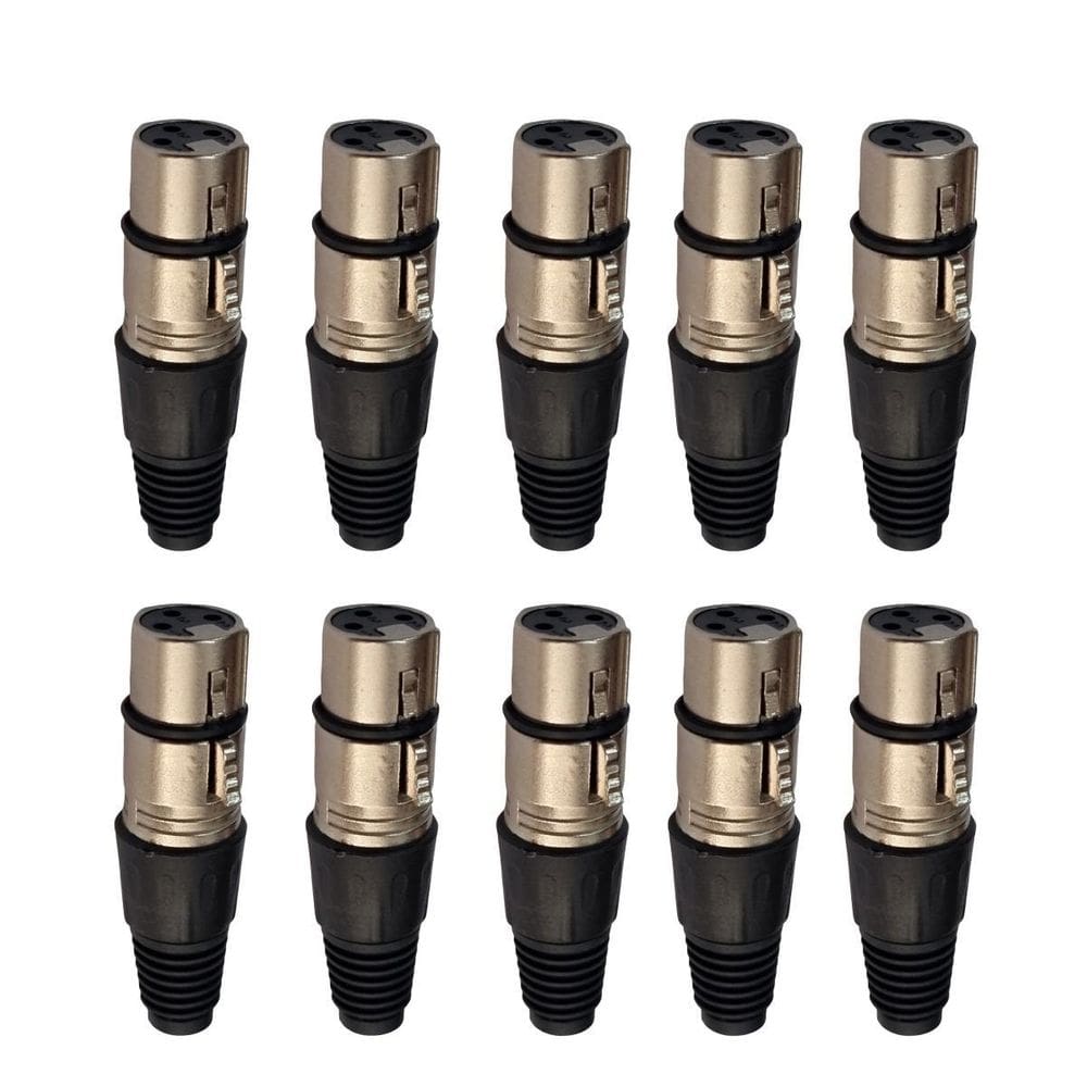 Kit 10 Plug Xlr Fêmea Metal Simples Cromado Mxt