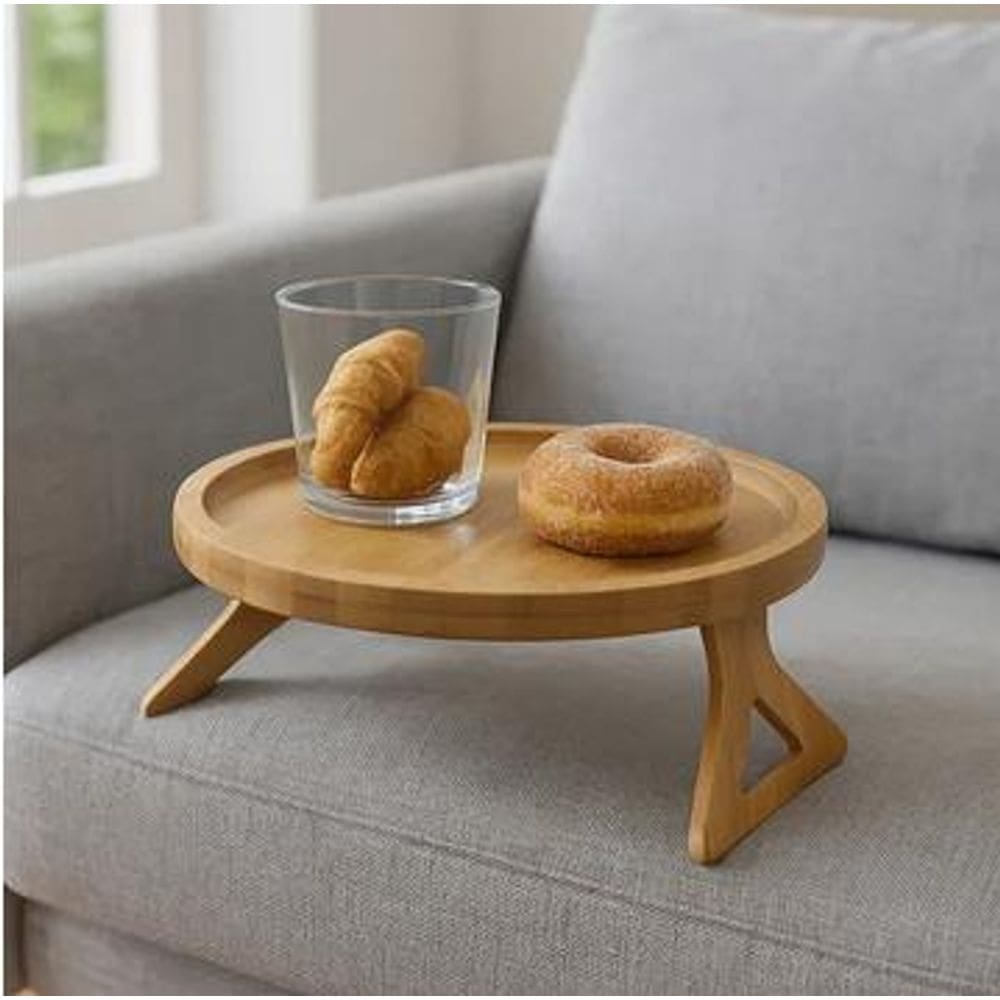 Bandeja Redonda De Bambu Natural Para Braço De Sofá 25cm