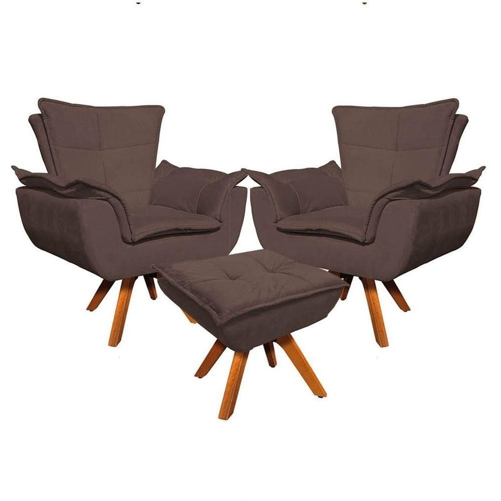 Kit 2 Poltronas Decorativas Base Giratória Giromad Com Puff Opla Suede Marrom - Ibiza