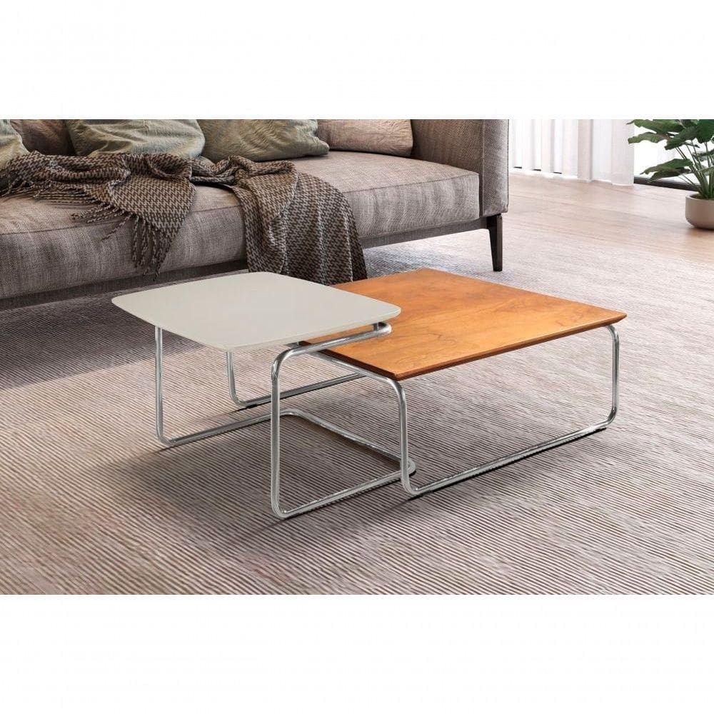 Conjunto Mesa De Centro Kairos Base Cromada Larflex Cor:off White