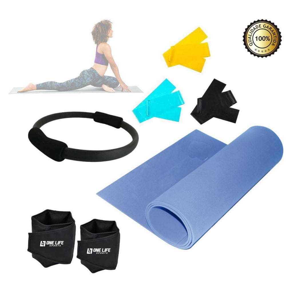 Kit Pilates Anel + Tapete + Kit Faixa + Caneleira 1 Kg
