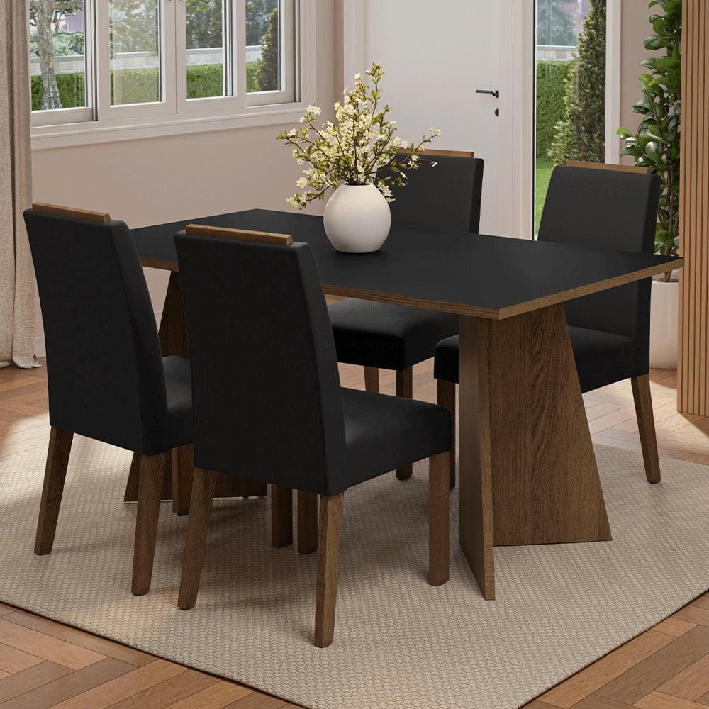 Conjunto Sala de Jantar Tampo de Madeira 4 Cadeiras Rustic/Preto/Oxford Évora Madesa