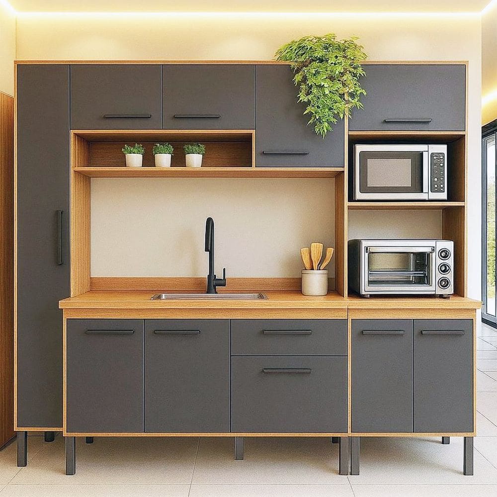 Cozinha Compacta Modulada 4 Peças com Torre Quente e Paneleiro Realeza Manchester / Grafite