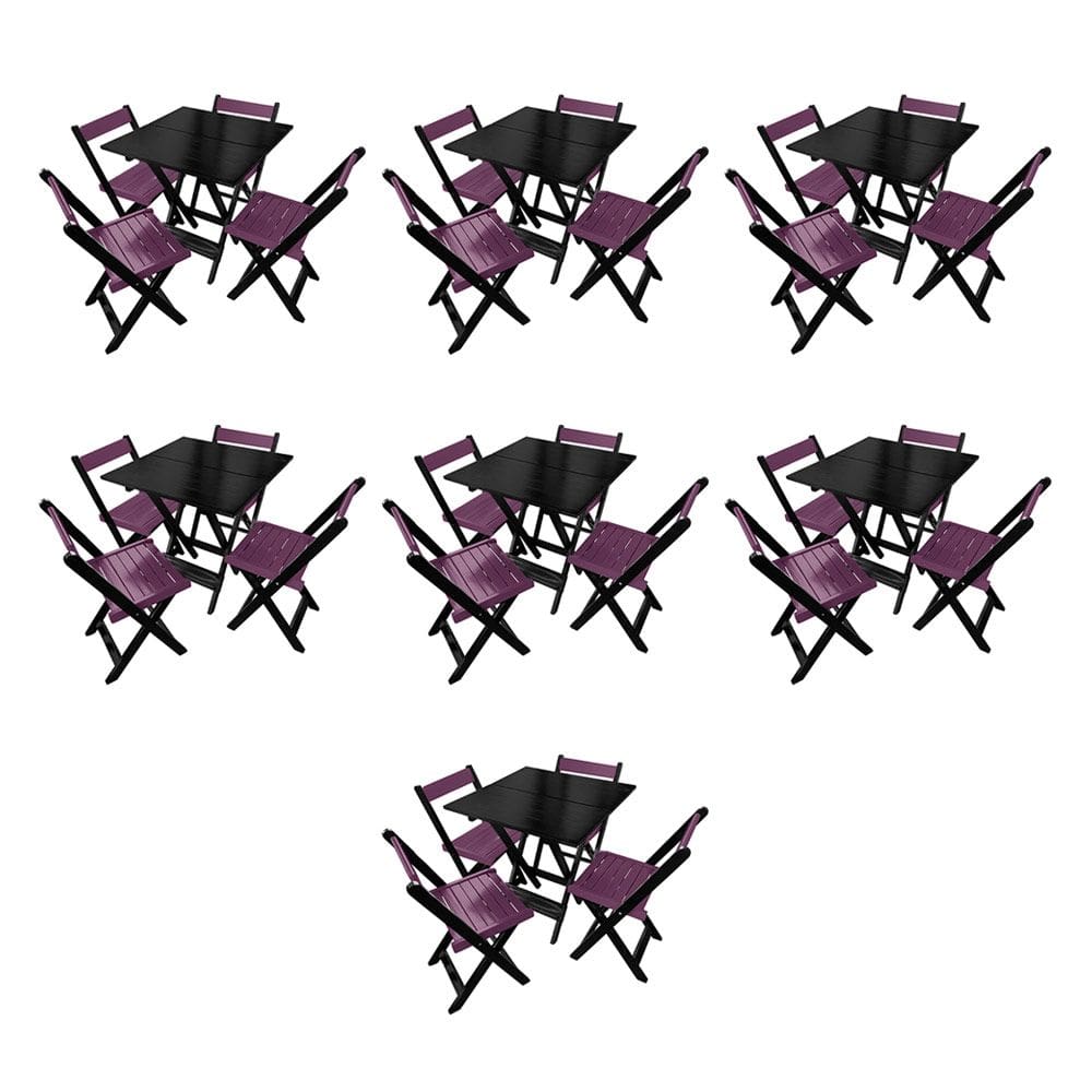 Kit 7 Mesas de Madeira Dobrável Preto 70x70 com 4 Cadeiras Dobráveis Roxo