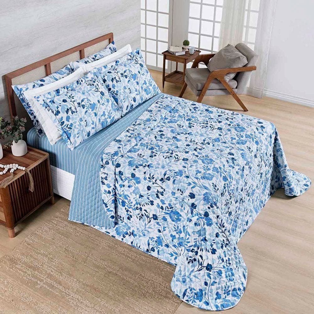 Kit Cobre Leito Colcha Belle Queen Estampado Dupla Face 400 Fios 3 Peças Florido Azul