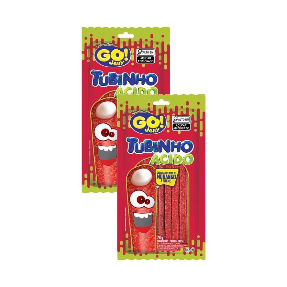 Kit 2 Bala GO! Jelly Tubinho Ácido Morango e Creme 70g