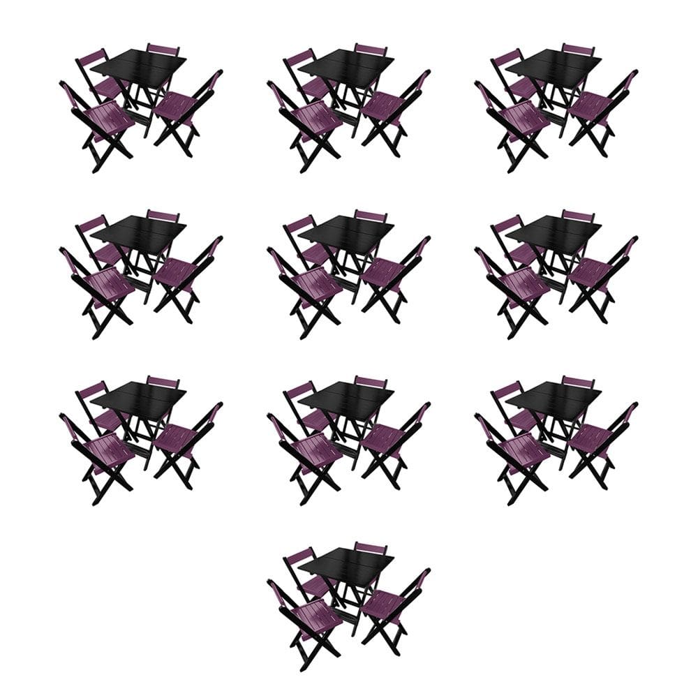 Kit 10 Mesas de Madeira Dobrável Preto 70x70 com 4 Cadeiras Dobráveis Roxo