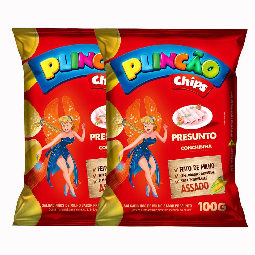 Kit 2 Salgadinho de Milho Plincão Chips Sabor Presunto Conchinha 100g