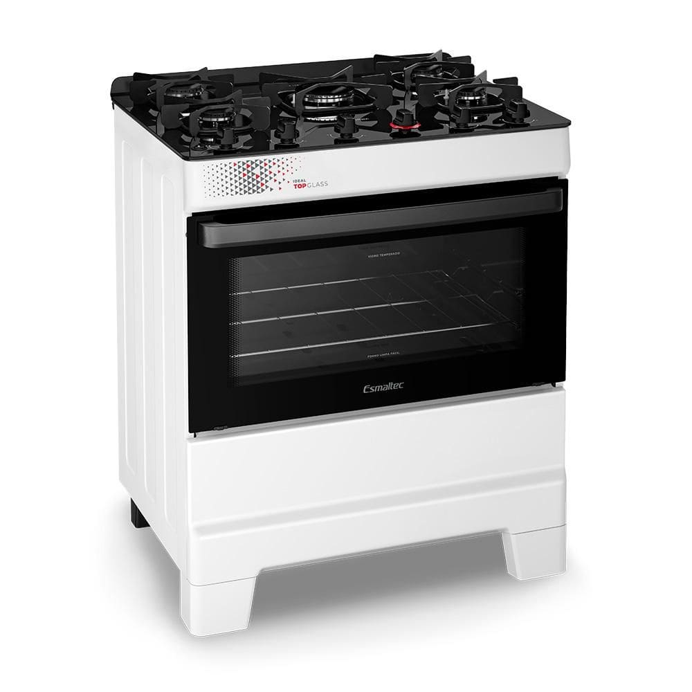 Fogão a Gás Mesa de Vidro Forno 84L Limpa Fácil e Acendimento Automático Esmaltec IDEAL Top Glass T5VAB Cor Branco 5 bocas Bivolt
