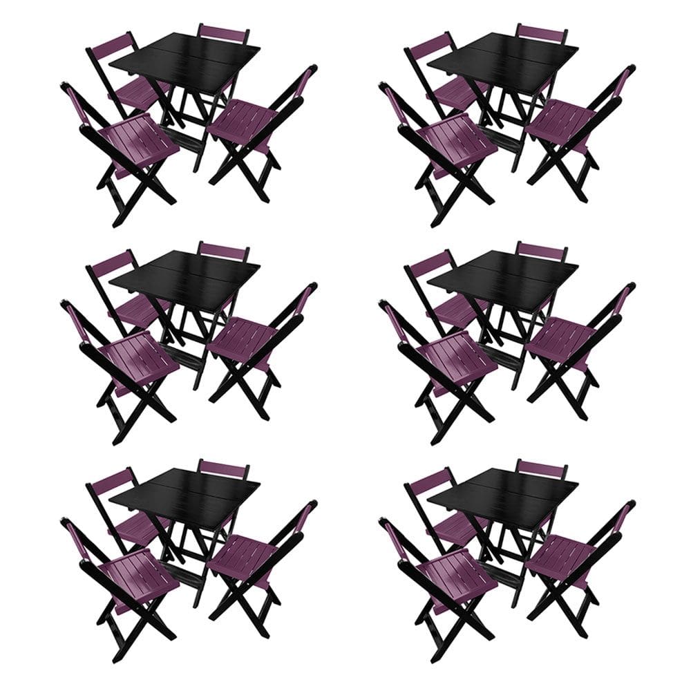 Kit 6 Mesas de Madeira Dobrável Preto 70x70 com 4 Cadeiras Dobráveis Roxo