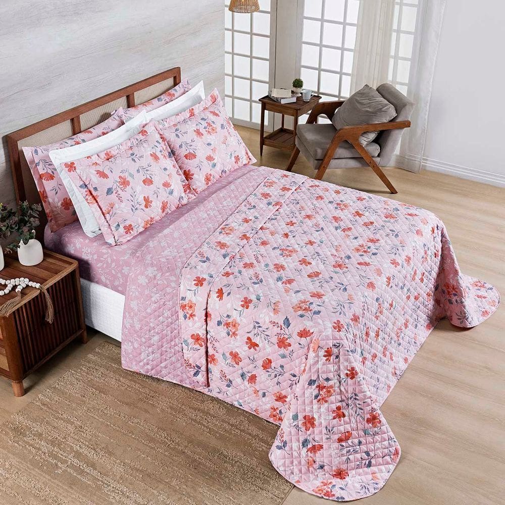 Kit Cobre Leito Colcha Belle Queen Estampado Dupla Face 400 Fios 3 Peças Floral Rosê
