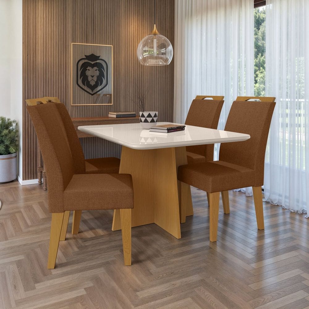 Conjunto 120x77cm Tampo Mdf e Vidro com 4 Cadeiras Evora Marrom/Marrom/Off White