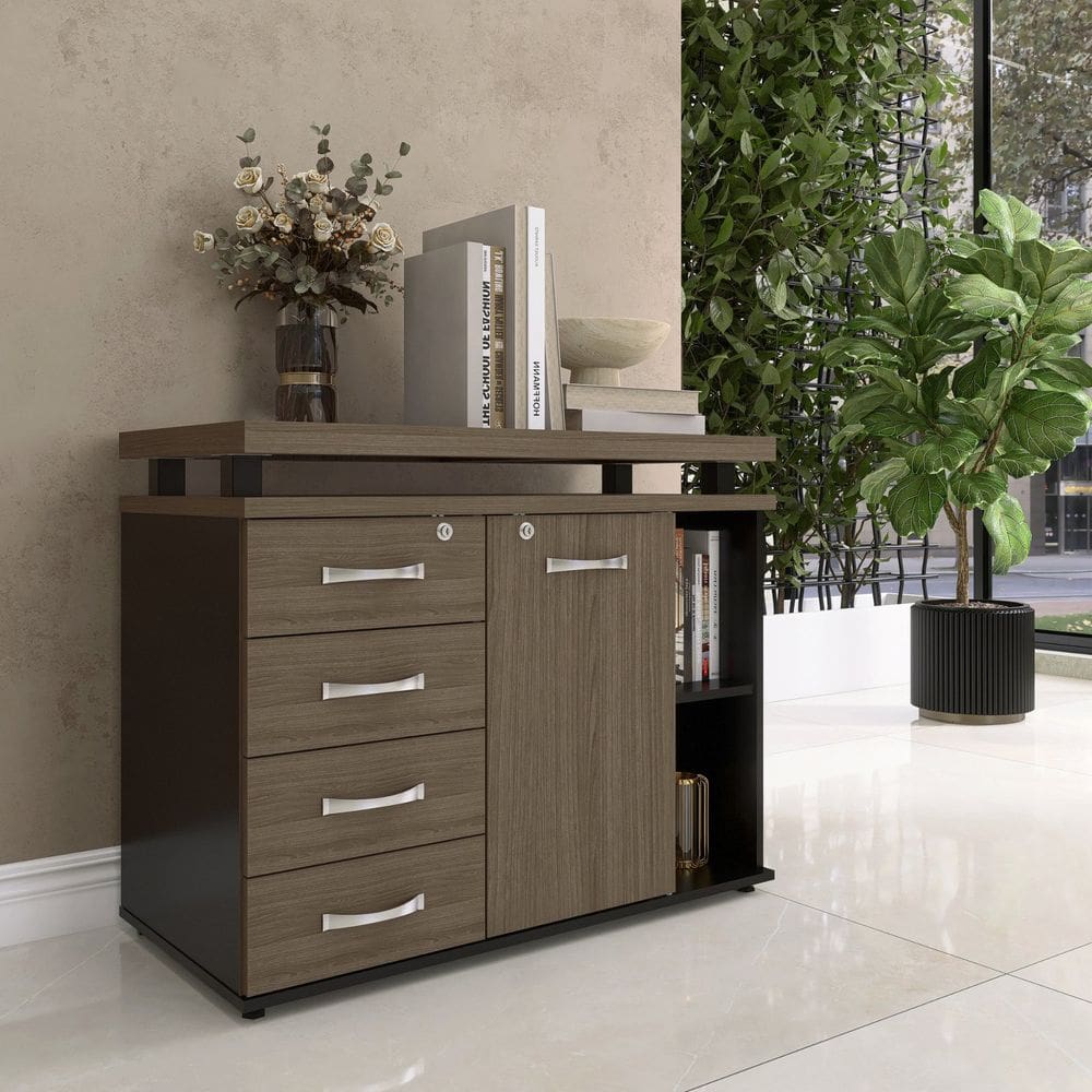 Armario Aparador Complemento com 4 Gavetas Preto/Walnut