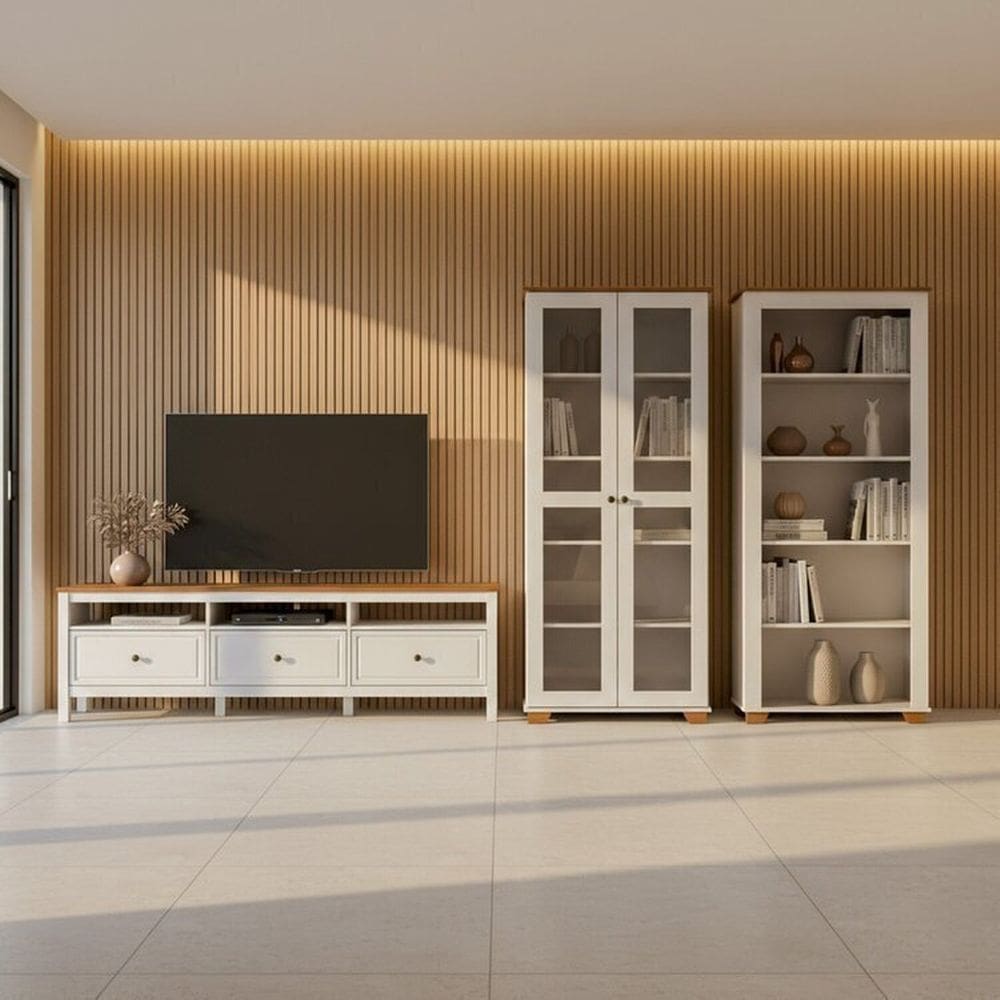 Conjunto de Sala 3 Peças com 1 Rack, 1 Cristaleira e 1 Estante Ananda Cabecasa Madeiramadeira Off White/Mel