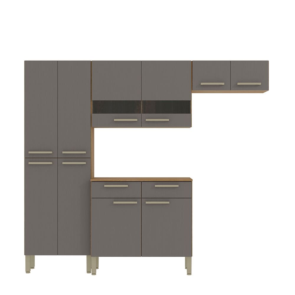 Cozinha (Com Balcão) 8 Portas 2 Portas de Vidro 2 Gavetas Nala Plus Freijo/Gris - SSX Multicoisas