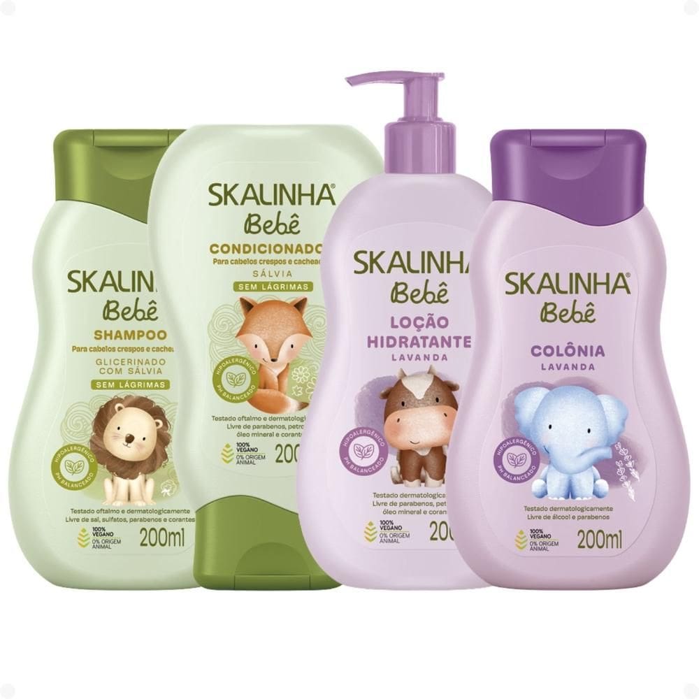 Kit Skalinha Bebê Para Cabelos Crespos e Cacheados: Shampoo e Condicionador 200ml + Loção Hidratante e Colônia 200ml