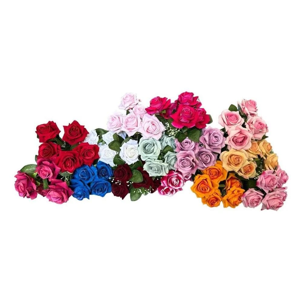 2X Buquê De Rosa Aveludada Artificial Com 5 Flores