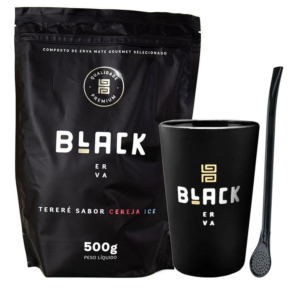 Kit Tereré Erva Cereja Ice Copo Preto E Bomba Black Erva