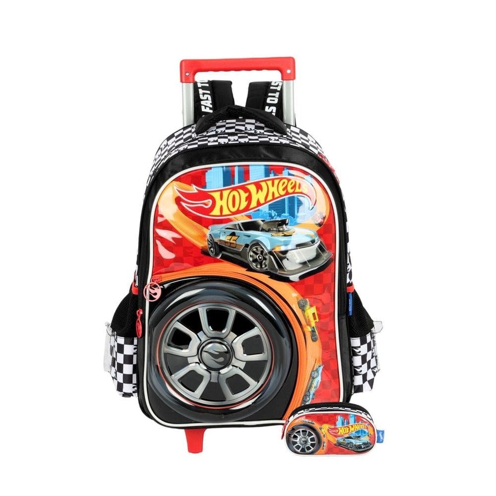 Kit Escolar Mochila Rodas+Estojo Hotwheels - Preto