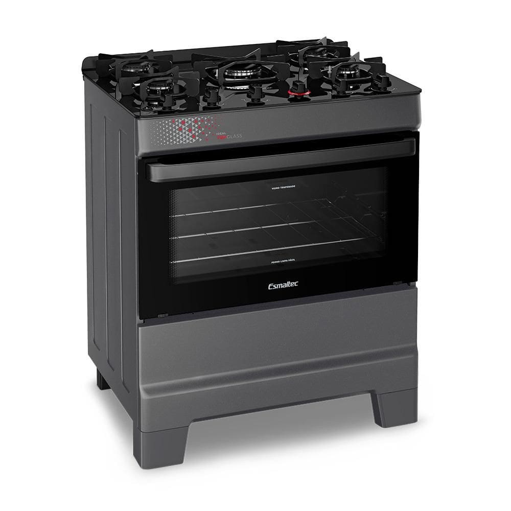 Fogão a Gás Mesa de Vidro Forno 84L Limpa Fácil e Acendimento Automático Esmaltec IDEAL Top Glass T5VAT Cor Titanium 5 bocas Bivolt