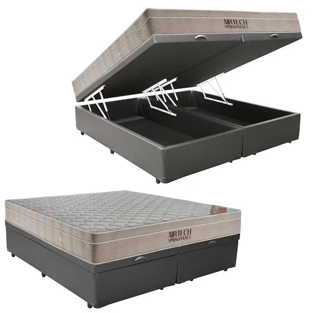 Cama Baú Queen Bipartido Cinza Colchão Molas Ensacadas Airtech Spring 158x198 - Ortobom