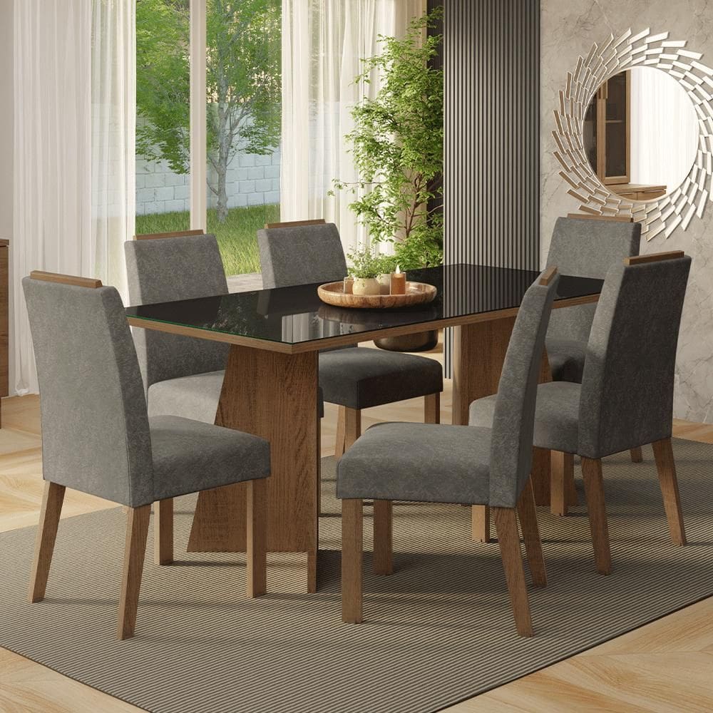 Conjunto Sala de Jantar Tampo de Vidro 6 Cadeiras Rustic/Preto/Silver Amalfi Madesa