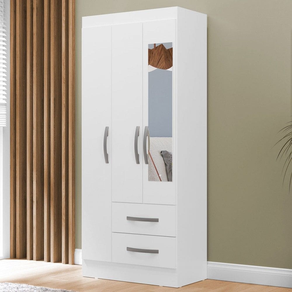 Guarda-Roupa Solteiro Adolfo 3 Portas 2 Gavetas com Espelho Branco - Mx Móveis
