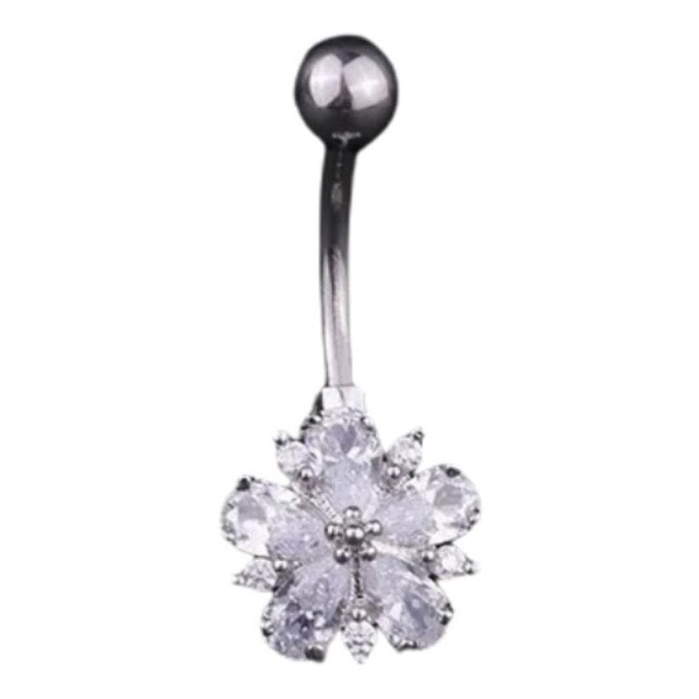 Piercing De Umbigo Prata Flor Zirconia Pequeno Aço 316
