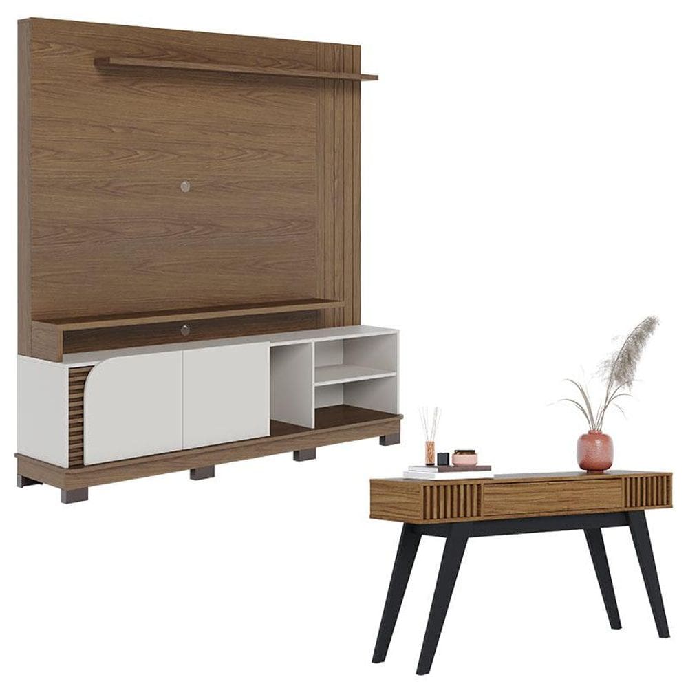 Estante Home Theater Jurerê 1.8 Amendôa Off White Matte com Aparador para Sala Riviera Noce Milano  – Colibri