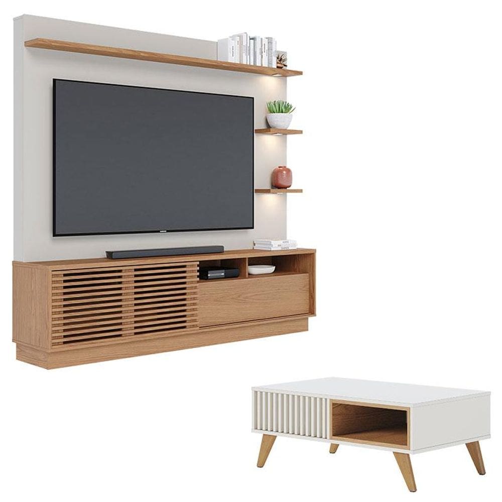 Estante Home Theater Campeche Freijó Off White Matte com Mesa de Centro Jeri Off White Freijó - Colibri