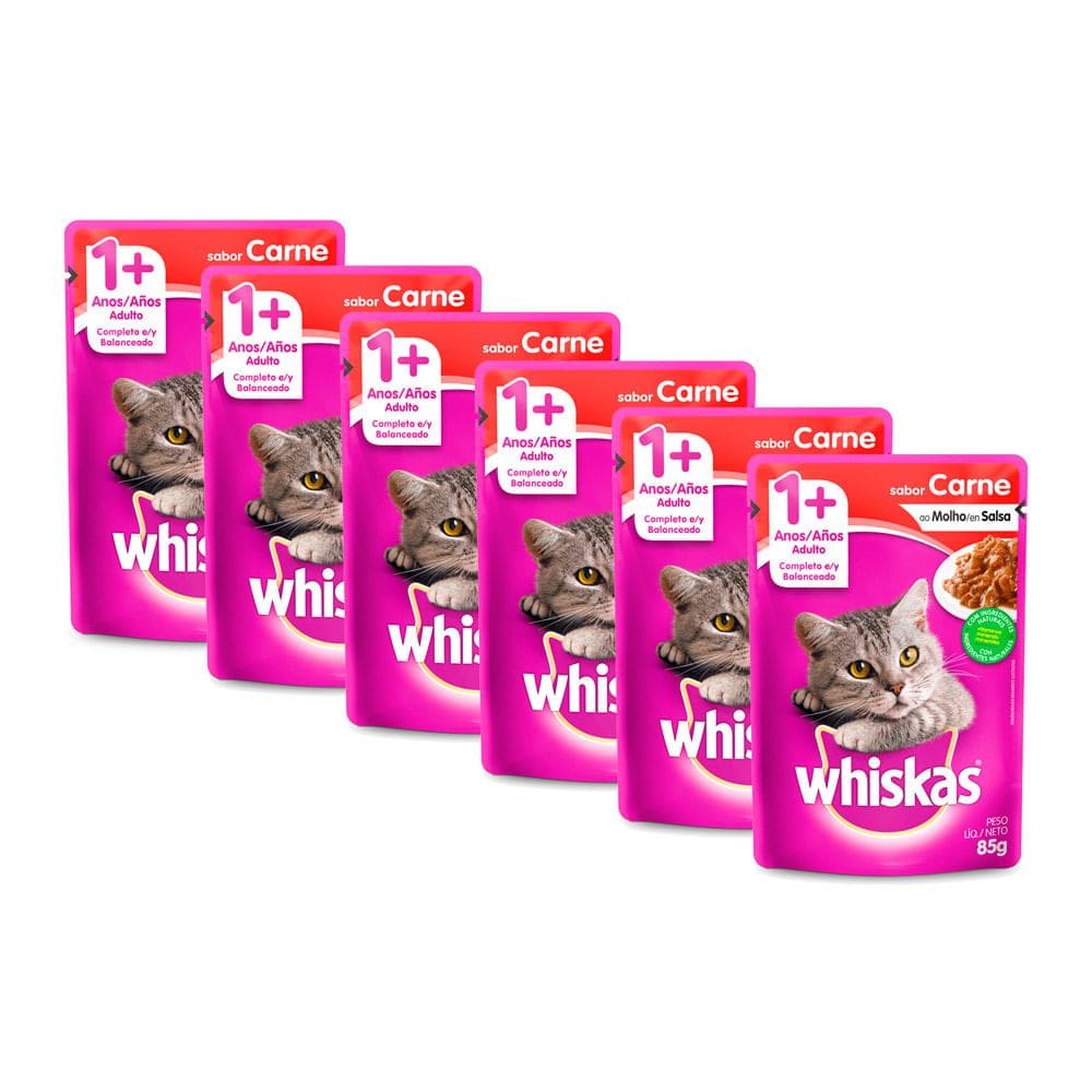 Kit 6 Ração para Gatos Whiskas Adulto 1+ Anos Sachê Sabor Carne ao Molho 85g