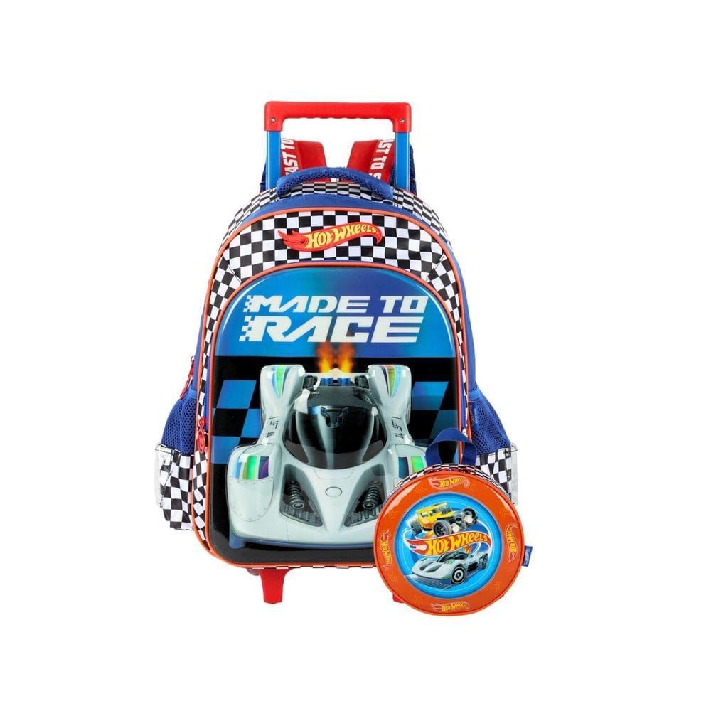 Kit Escolar Mochila Com Rodas+Lancheira Hot Wheels - Azul