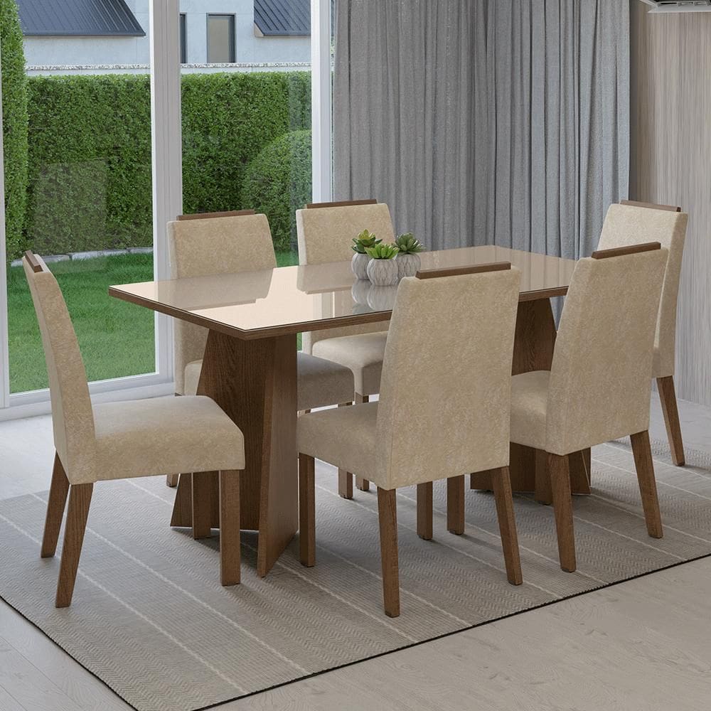 Conjunto Sala de Jantar Tampo de Vidro 6 Cadeiras Rustic/Crema/Imperial Madrid Madesa