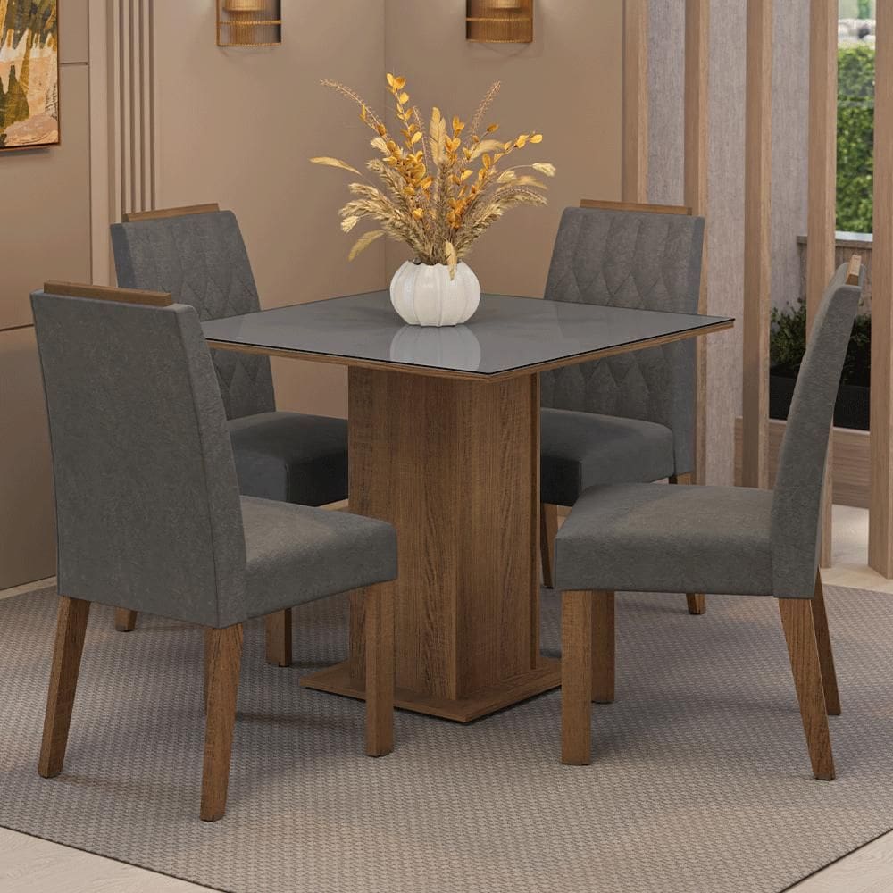 Conjunto Sala de Jantar Tampo de Vidro 4 Cadeiras Rustic/Cinza/Silver Capri Madesa