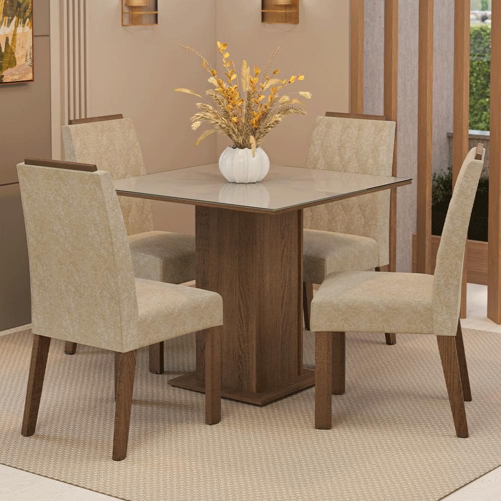 Conjunto Sala de Jantar Tampo de Vidro 4 Cadeiras Rustic/Crema/Imperial Capri Madesa