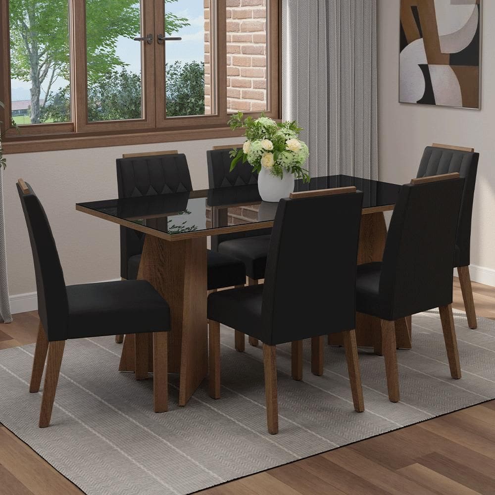 Conjunto Sala de Jantar Tampo de Vidro 6 Cadeiras Rustic/Preto/Oxford Sintra Madesa