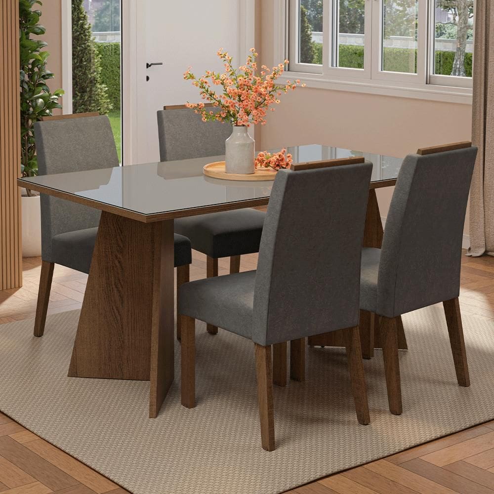 Conjunto Sala de Jantar Tampo de Vidro 4 Cadeiras Rustic/Cinza/Silver Braga Madesa
