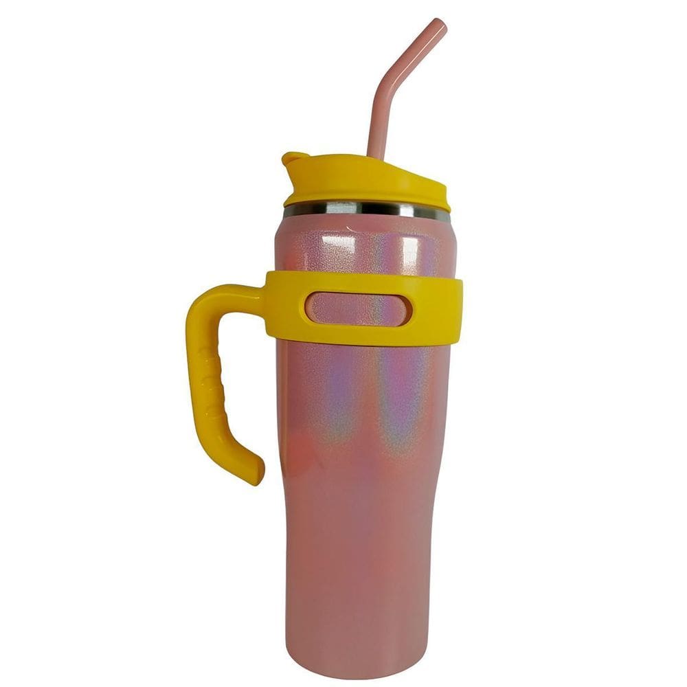 Copo Térmico Inox Com Alça E Canudo Glitter Bege Amarelo